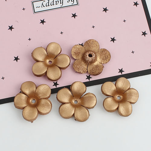 Picture of Real Leather Earring Components Pendants Champagne Gold Flower 26mm x25mm(1" x1") - 25mm x24mm(1" x1"), 3 PCs