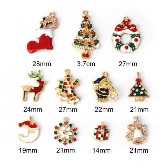 Image de Pendentifs en Alliage de Zinc Pin de Noël Père Noël Email Doré Mixte 37mm x 21mm - 14mm x 11mm, 1 Kit ( 11 Pcs/Kit)
