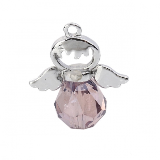 Picture of Zinc Based Alloy & Glass Charms Angel Silver Tone Mauve Faceted 21mm( 7/8") x 19mm( 6/8"), 5 PCs
