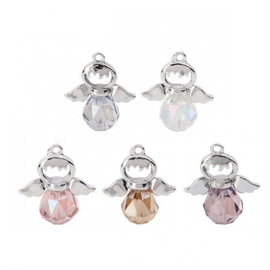 Picture of Zinc Based Alloy & Glass Charms Angel Silver Tone Mauve Faceted 21mm( 7/8") x 19mm( 6/8"), 5 PCs