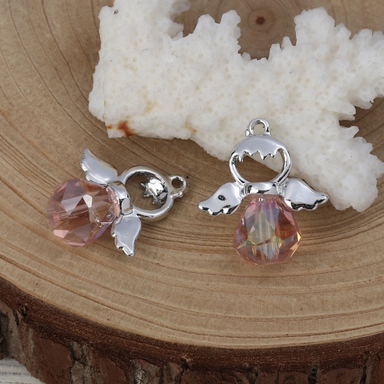 Picture of Zinc Based Alloy & Glass Charms Angel Silver Tone Pink Faceted 24mm x 19mm, 5 PCs