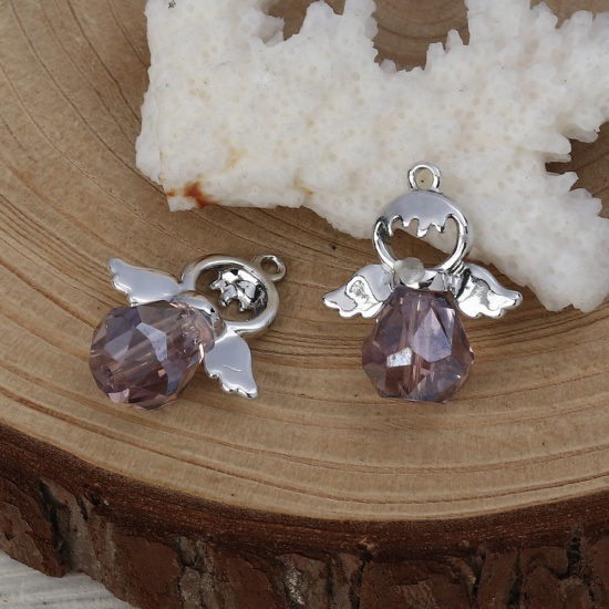 Picture of Zinc Based Alloy & Glass Charms Angel Silver Tone Pink Faceted 24mm x 19mm, 5 PCs