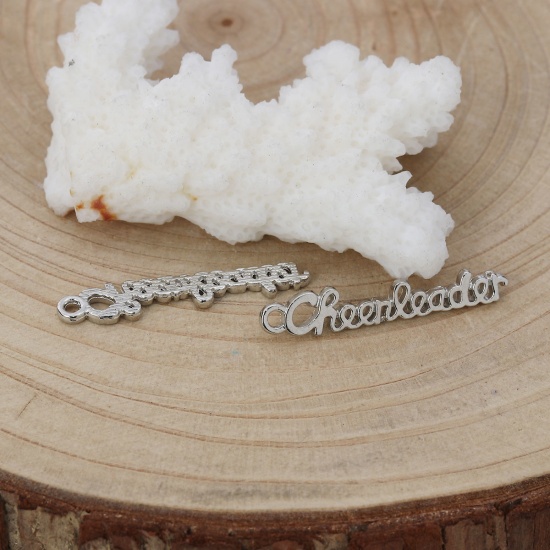 Picture of Zinc Based Alloy Charms Silver Tone Message " Cheerleader " 27mm(1 1/8") x 5mm( 2/8"), 100 PCs