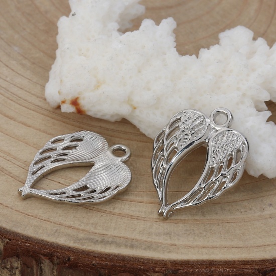 Picture of Zinc Based Alloy Pendants Wing Silver Tone Heart 22mm( 7/8") x 17mm( 5/8"), 50 PCs