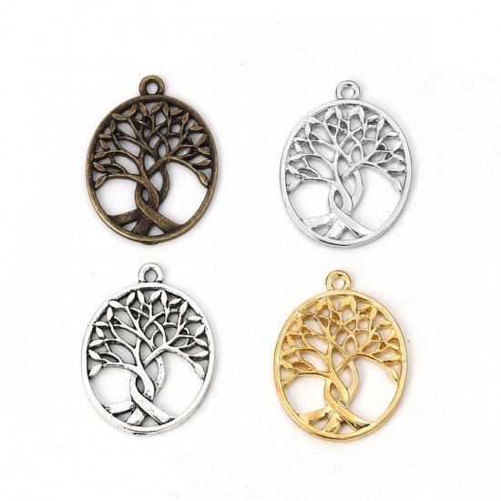 Picture of Zinc Based Alloy Pendants Oval Silver Tone Tree 32mm(1 2/8") x 24mm(1"), 10 PCs