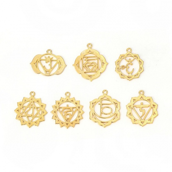 Picture of Zinc Based Alloy Yoga Healing Pendants Flower Gold Plated 3.7cm x3.3cm(1 4/8" x1 2/8") - 3.2cm x2.6cm(1 2/8" x1"), 2 Sets ( 7 PCs/Set)