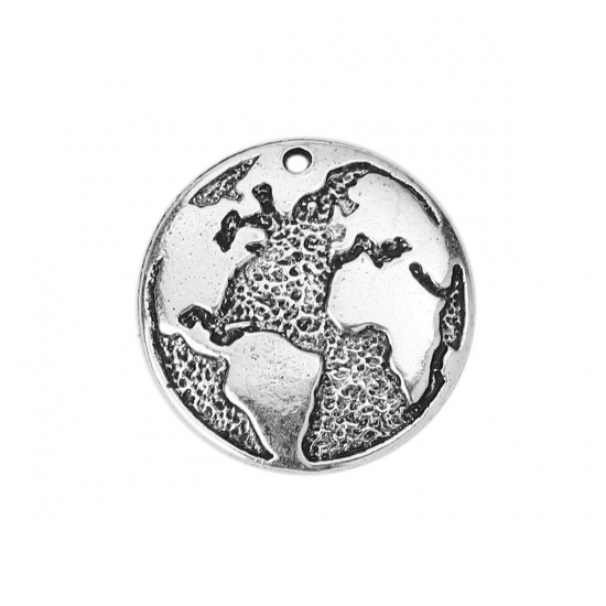 Picture of Zinc Based Alloy Charms Round Antique Silver Color World Map 21mm( 7/8") Dia, 10 PCs