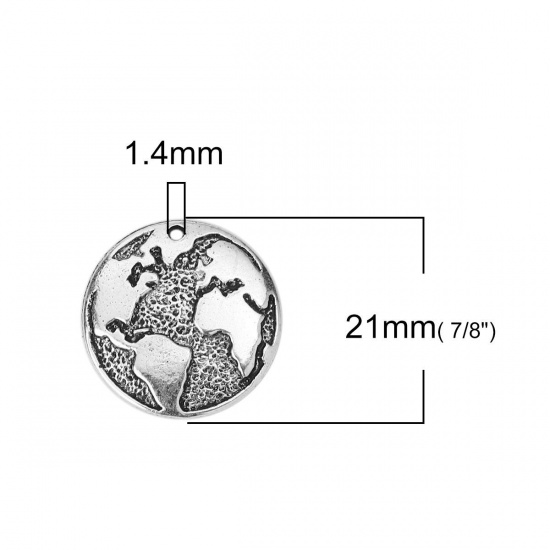 Picture of Zinc Based Alloy Charms Round Antique Silver Color World Map 21mm( 7/8") Dia, 10 PCs