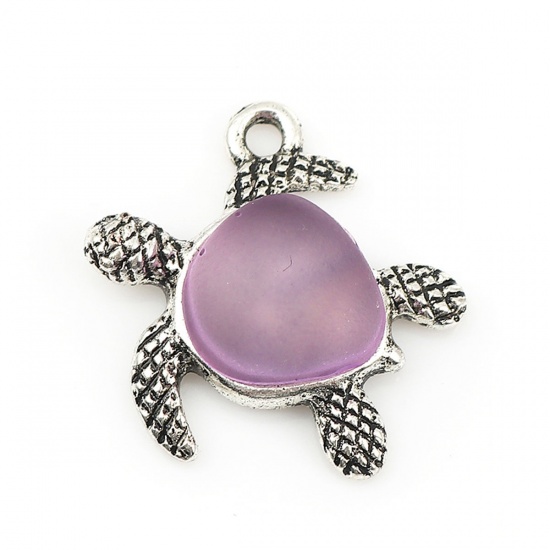 Picture of Zinc Based Alloy & Resin Ocean Jewelry Charms Sea Turtle Animal Antique Silver Color Purple 20mm( 6/8") x 19mm( 6/8"), 5 PCs