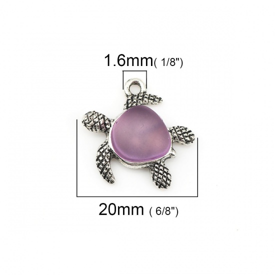 Picture of Zinc Based Alloy & Resin Ocean Jewelry Charms Sea Turtle Animal Antique Silver Color Purple 20mm( 6/8") x 19mm( 6/8"), 5 PCs