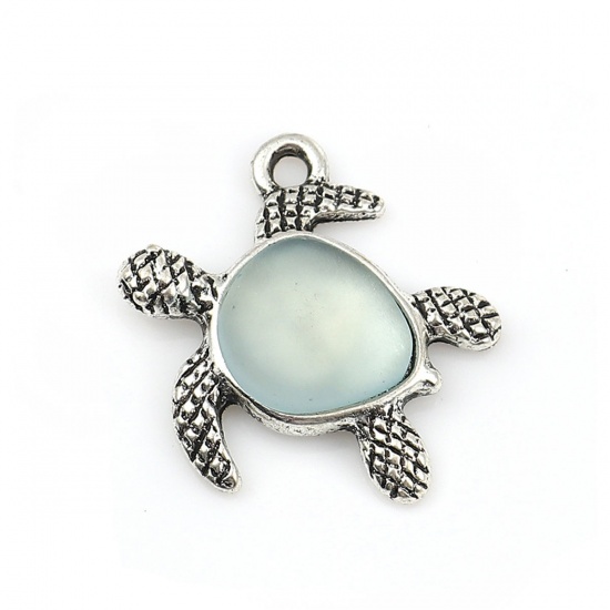 Picture of Zinc Based Alloy & Resin Ocean Jewelry Charms Sea Turtle Animal Antique Silver Color Light Blue 20mm( 6/8") x 19mm( 6/8"), 5 PCs