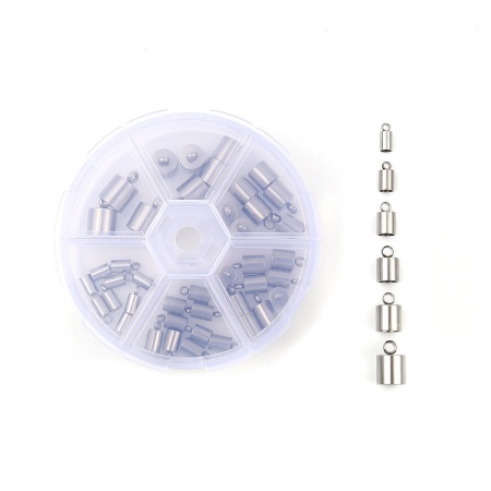 Edelstahl Endkappen Zylinder Silberfarbe Mix (Für 8mm - 3.3mm Schnur) 14mm x 9mm 9mm x 4mm, 1 Box (ca. 48 Stück)