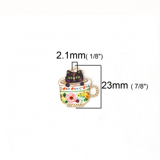 Изображение Подвески Чашка Позолоченный Разноцветный Кошка С Эмалью 23мм x 23мм, 10 ШТ