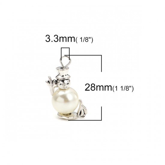 Picture of Zinc Based Alloy & Acrylic Charms Christmas Snowman Antique Silver Color White Imitation Pearl 28mm(1 1/8") x 19mm( 6/8"), 10 PCs
