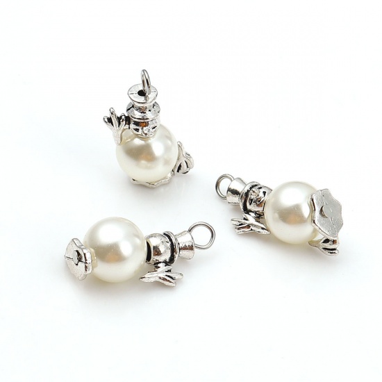 Picture of Zinc Based Alloy & Acrylic Charms Christmas Snowman Antique Silver Color White Imitation Pearl 28mm(1 1/8") x 19mm( 6/8"), 10 PCs