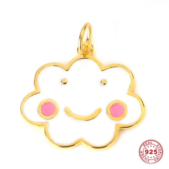 Picture of Sterling Silver Charms Gold Plated Cloud Smile Pink Enamel 18mm( 6/8") x 17mm( 5/8"), 1 Piece