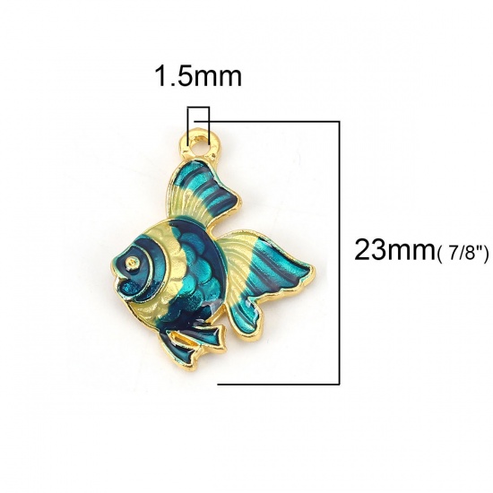 Picture of Zinc Based Alloy Ocean Jewelry Charms Fish Animal Gold Plated Blue Enamel 23mm( 7/8") x 18mm( 6/8"), 5 PCs