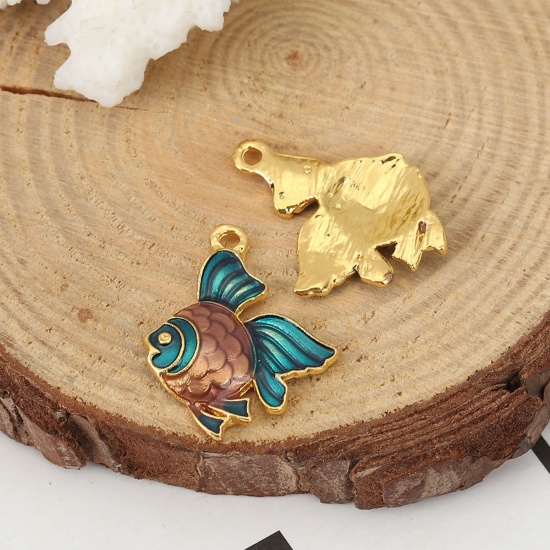 Picture of Zinc Based Alloy Ocean Jewelry Charms Fish Animal Gold Plated Coffee Enamel 23mm( 7/8") x 18mm( 6/8"), 5 PCs