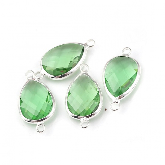 Picture of Zinc Based Alloy & Glass August Birthstone Connectors Drop Silver Plated Faceted Light Green Rhinestone 26mm x 14mm, 5 PCs