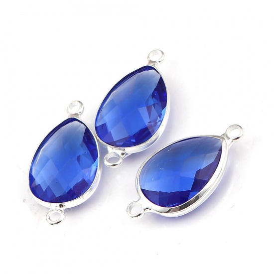 Picture of Zinc Based Alloy & Glass Connectors Drop Silver Plated September Birthstone Faceted Royal Blue Rhinestone 26mm x 14mm, 5 PCs