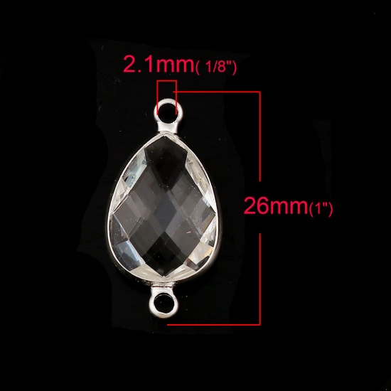 Picture of Zinc Based Alloy & Glass Connectors Drop Silver Plated April Birthstone Faceted Clear Rhinestone 26mm x 14mm, 5 PCs