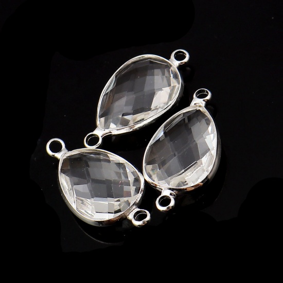 Picture of Zinc Based Alloy & Glass Connectors Drop Silver Plated April Birthstone Faceted Clear Rhinestone 26mm x 14mm, 5 PCs