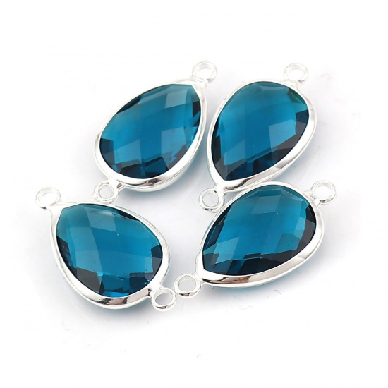 Picture of Zinc Based Alloy & Glass Connectors Drop Silver Plated Birthstone Faceted Peacock Blue Rhinestone 26mm x 14mm, 5 PCs