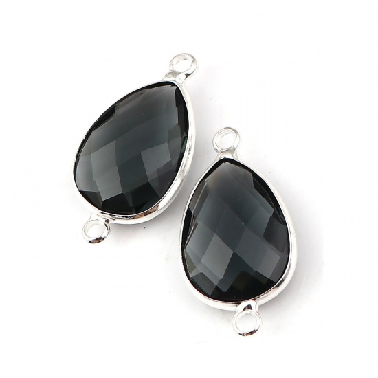 Picture of Zinc Based Alloy & Glass Connectors Drop Silver Plated Birthstone Faceted Dark Gray Rhinestone 26mm x 14mm, 5 PCs