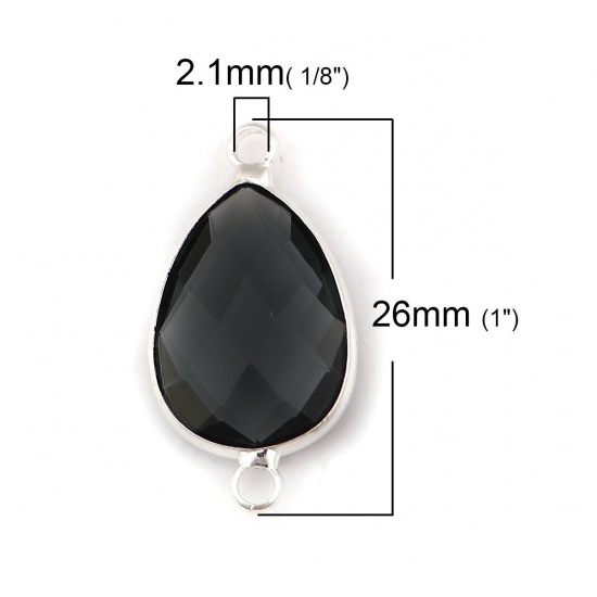 Picture of Zinc Based Alloy & Glass Connectors Drop Silver Plated Birthstone Faceted Dark Gray Rhinestone 26mm x 14mm, 5 PCs