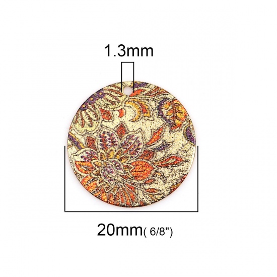 Picture of Zinc Based Alloy Enamel Painting Charms Round Gold Plated Orange Flower Sparkledust 20mm Dia., 10 PCs
