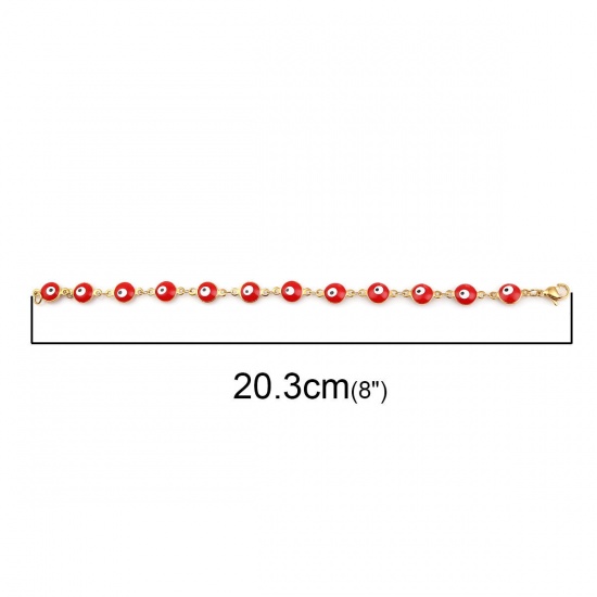Picture of 304 Stainless Steel Religious Bracelets Gold Plated Red Evil Eye Enamel 20.3cm(8") long, 1 Piece