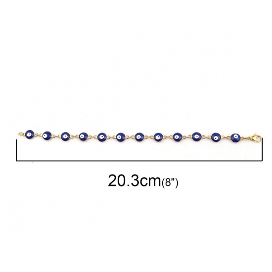 Picture of 304 Stainless Steel Religious Bracelets Gold Plated Dark Blue Evil Eye Enamel 20.3cm(8") long, 1 Piece