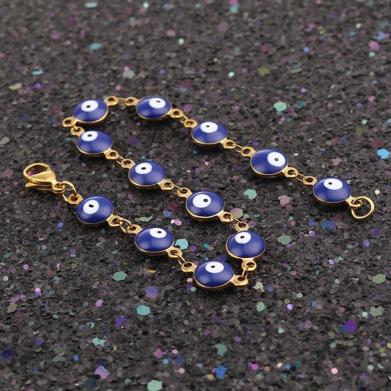Picture of 304 Stainless Steel Religious Bracelets Gold Plated Dark Blue Evil Eye Enamel 20.3cm(8") long, 1 Piece