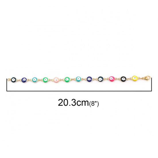 Picture of 304 Stainless Steel Religious Bracelets Gold Plated Multicolor Evil Eye Enamel 20.3cm(8") long, 1 Piece