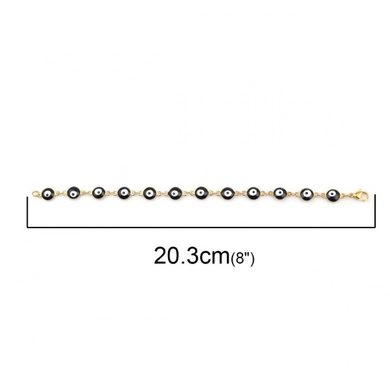 Picture of 304 Stainless Steel Religious Bracelets Gold Plated Black Evil Eye Enamel 20.3cm(8") long, 1 Piece