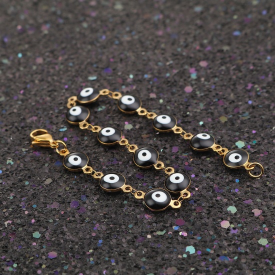 Picture of 304 Stainless Steel Religious Bracelets Gold Plated Black Evil Eye Enamel 20.3cm(8") long, 1 Piece