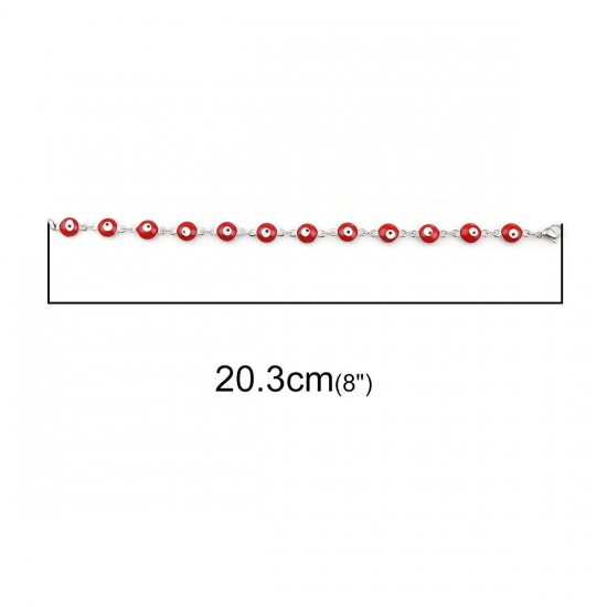 Picture of 304 Stainless Steel Bracelets Silver Tone Red Evil Eye Enamel 20.3cm(8") long, 1 Piece
