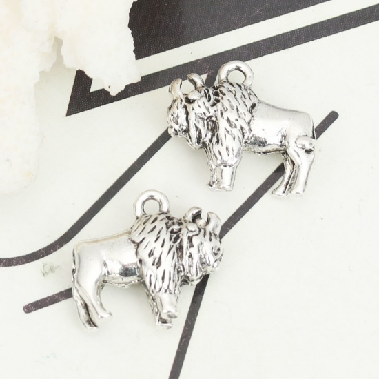 Picture of Zinc Based Alloy 3D Charms Bison Buffalo Animal Antique Silver Color 17mm x 16mm, 10 PCs