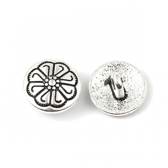 Picture of Zinc Based Alloy Metal Sewing Shank Buttons Round Antique Silver Color Carved Pattern Carved 12mm Dia., 50 PCs