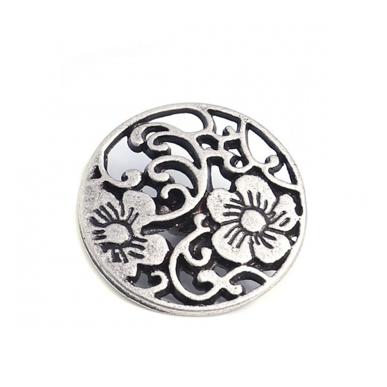 Picture of Zinc Based Alloy Sewing Shank Buttons Single Hole Round Antique Silver Color Filled Filigree Carved 19mm Dia., 10 PCs