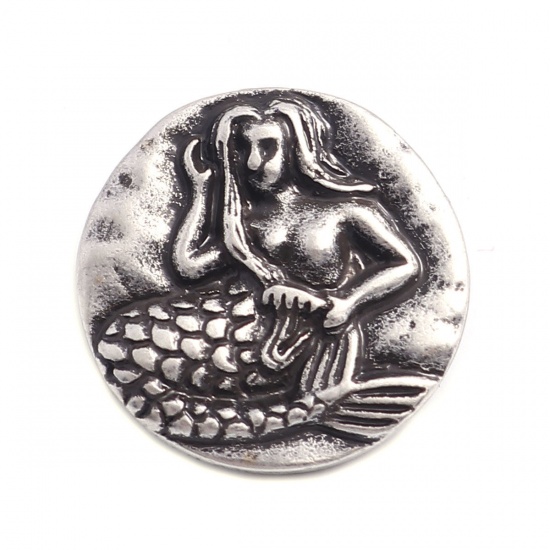 Immagine di Lega di Zinco Gambo Bottone Single hole Tondo Argento Antico Riempito Sirena Pesce Disegno 19mm Dia, 5 Pz
