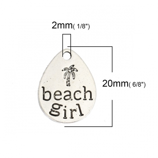 Immagine di Lega di Zinco Gioielli Oceanici Charms Goccia Argento Antico Lettere " beach girl " 20mm x 15mm , 10 Pz
