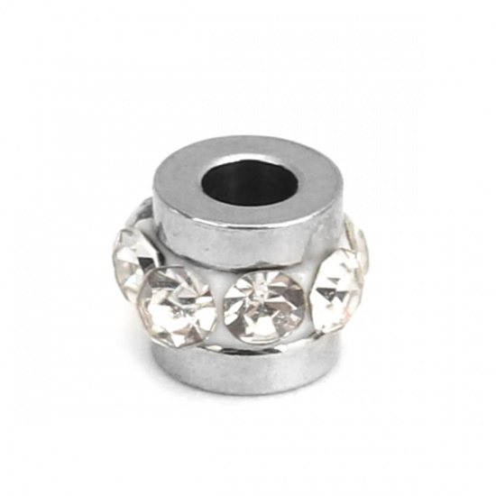 Bild von 304 Edelstahl Perlen Zylinder Silberfarbe Transparent Strass 5mm x 4mm, Loch: ca. 1.8mm, 10 Stück