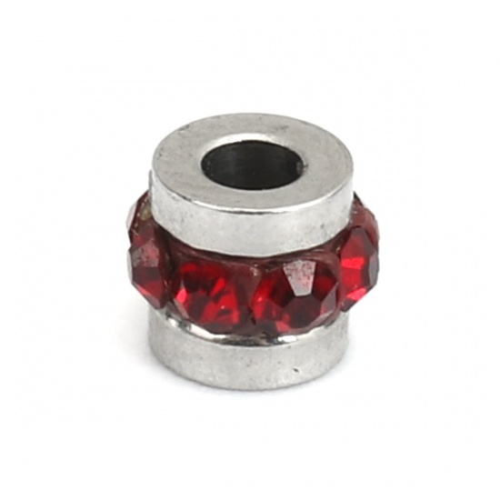 Immagine di 304 Acciaio Inossidabile Perline Cilindrico Tono Argento Vino Rosso Strass 5mm x 4mm, Buco: Circa 1.8mm, 10 Pz