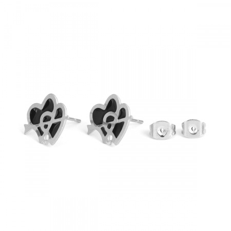 304 Stainless Steel Ear Post Stud Earrings Heart Silver Tone Black Enamel W/ Loop 15mm x 12mm, Post/ Wire Size: (20 gauge), 6 PCs