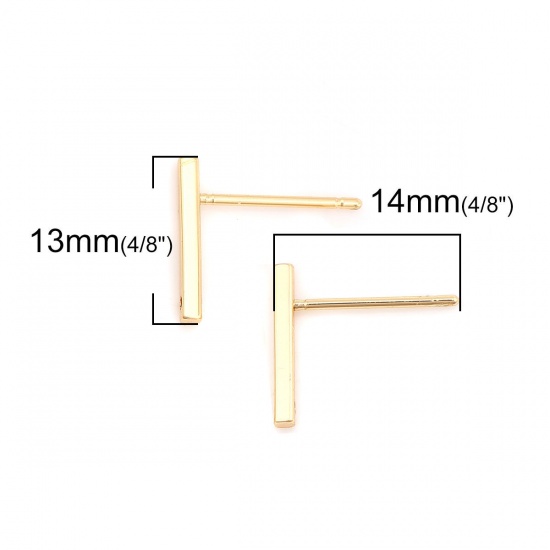 Picture of Brass Ear Post Stud Earrings 18K Real Gold Plated Rectangle W/ Loop 13mm x 2mm, Post/ Wire Size: (19 gauge), 200 PCs                                                                                                                                          