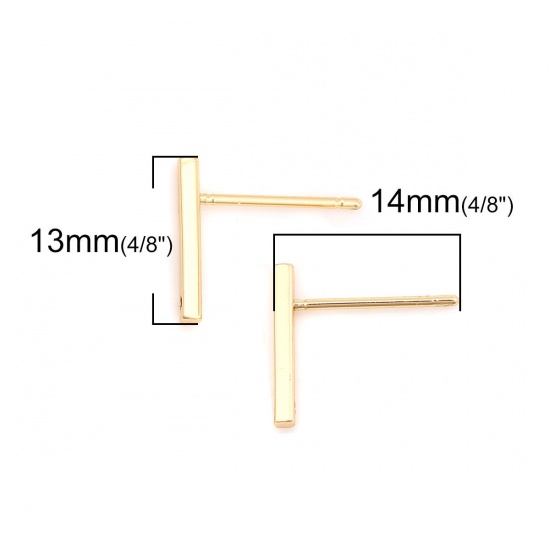 Picture of Brass Ear Post Stud Earrings 18K Real Gold Plated Rectangle W/ Loop 13mm x 2mm, Post/ Wire Size: (19 gauge), 200 PCs