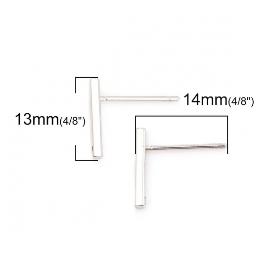 Picture of Brass Ear Post Stud Earrings Real Platinum Plated Rectangle With Loop 13mm x 2mm, Post/ Wire Size: (19 gauge), 200 PCs                                                                                                                                        