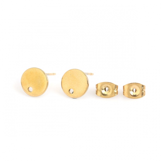 Picture of 304 Stainless Steel Ear Post Stud Earrings Round Gold Plated W/ Loop 8mm Dia., Post/ Wire Size: (20 gauge), 100 PCs