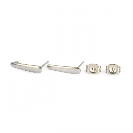 Picture of 304 Stainless Steel Ear Post Stud Earrings Strip Silver Tone W/ Loop 15mm x 3mm, Post/ Wire Size: (20 gauge), 50 PCs